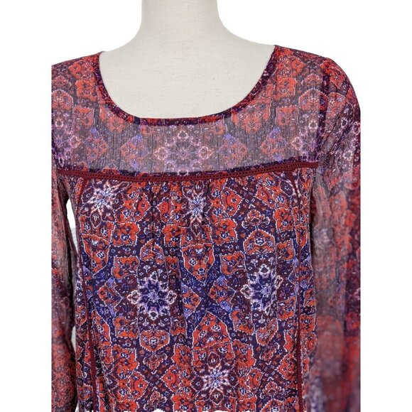 Lucky Brand Semi Sheer Blouse Womens Small Red Batik Ethnic Boho Long Sleeve - Picture 3 of 4
